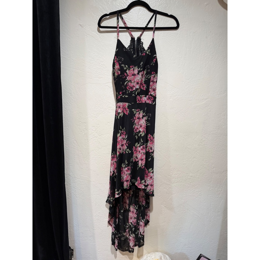 No Boundaries Womens XL Black Pink Floral Lace Racerback High-Low Dress Zip Back